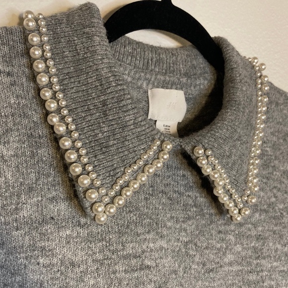 h&m pearl beaded collar pullover heather grey sweater - Picture 6 of 7